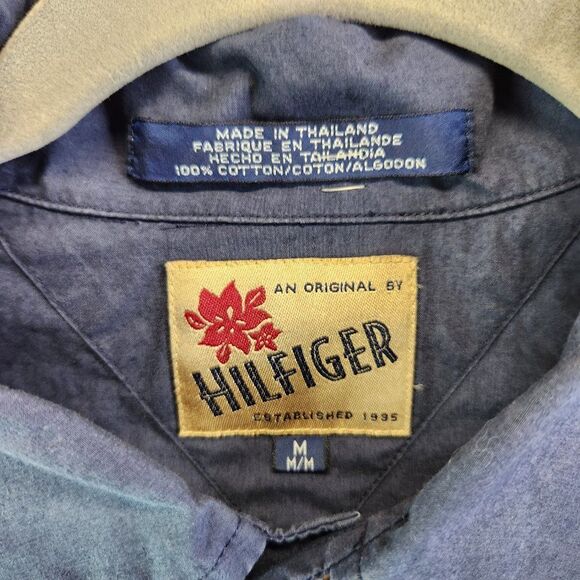 Tommy Hilfiger Hawaiian Shirt Mens Medium Blue Palm Trees Vintage Beach VTG - Picture 10 of 16